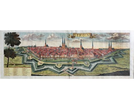 Große Panorama-Ansicht der Stadt LübeckKupferstich auf zwei Platten, auf Bütten, koloriert, links unten Legende 1-28, "Lübeck