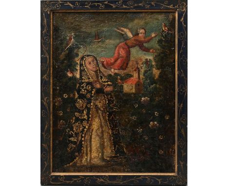Katholisches Andachtsbild, 18. Jh.Heilige Nonne (Hl. Rosa von Lima?), umgeben von Rosenranken und zahlreichen Singvögeln, ein