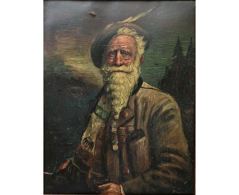 Marx, A. Tätig um 1920Bildnis des bayrischen Oberjägers Leo Dorn (1835 Oberstdorf-1915 Bad Hindelang). 1920. Öl auf Pappe, am