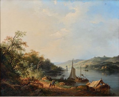 Hilverdink, Johannes (1813 Groningen - 1902 Amsterdam)Spätsommerliche Flusslandschaft mit kleiner Insel und Fischerbooten. Öl
