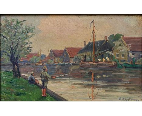 Egeling, K. Um 1910Angelnde Jungs am Kanal, Öl auf Holz, re. u. sign., oberflächlich angestaubt und angeschmutzt, gerahmt. Ra