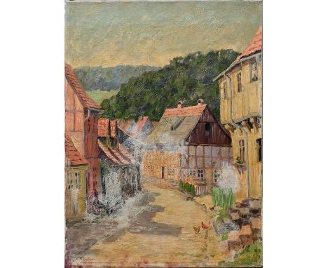 Tettenborn, Erich (1892 Berlin - 1971 Norderney)Mitteldeutsche Dorfstrasse mit Fachwerkhäusern. Öl auf Leinwand, erste Hälfte