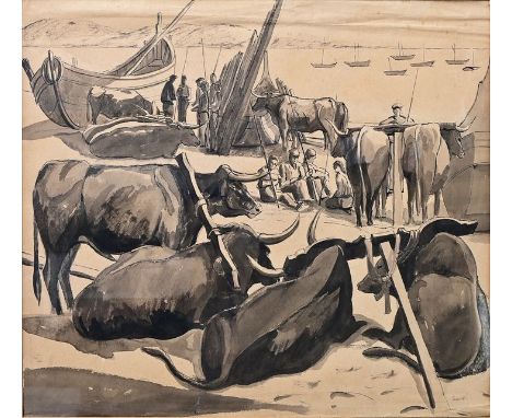 Unbekannter Künstler, 19./20. Jh.Rastende Wasserbüffel bei Fischern am Ufer. Tuschezeichnung auf Papier, wohl spätes 19. Jh. 