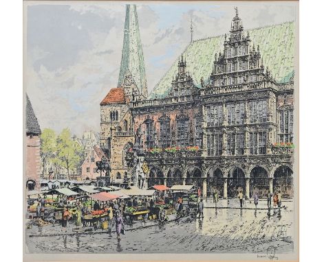 Figura, Hans (1898 Nagykikinda (Kikinda) - 1978 Wien)Markttag am Bremer Rathaus. Farbradierung auf Seide, Mitte 20. Jh. In Bl