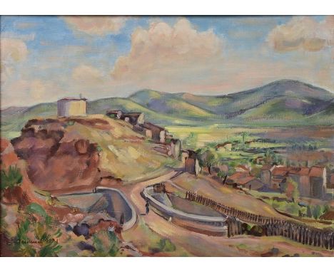 Demmel, Willibald, 1914 München-Haidhausen - 1989 Gstadt am ChiemseeKleines Dorf nahe der Chiemgauer Alpen. Öl auf Leinwand, 