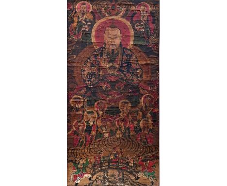 Großes Rollbild Thangka, ChinaSchwarzer Grund, Zentralfigur Fürst/ Herrscher/ militär. Anführer auf Thron , begleitet von zah