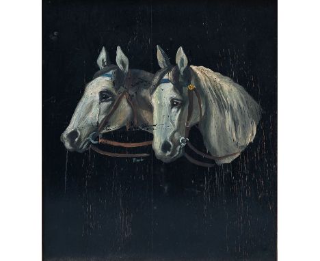 unbekannter KünstlerPorträt von zwei angespannten Pferden auf schwarzem Hintergrund. Öl auf Holz. Gerahmt, 26,5 x 23,5 cm. Ma