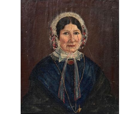 Biedermeier-Maler, Mitte 19. Jh.Bildnis einer Dame mit Spitzenhäubchen. Öl auf Leinwand, Mitte 19. Jh. Unsigniert. Ungerahmt.