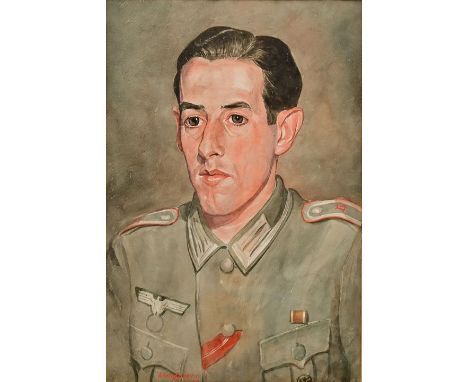 Großmann, A.Bildnis (Brustbild) eines Wehrmachtssoldaten in Uniform. 1942. Aquarell, am unt. Rand sign. und dat., hinter Gas 