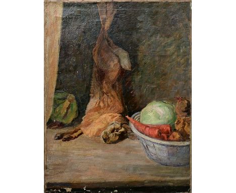 Lindner, Hans (1883 Zschopau - 1944 Niederwartha)Küchenstillleben mit totem Hasen und Kohl. Öl auf Leinwand, wohl erste Hälft