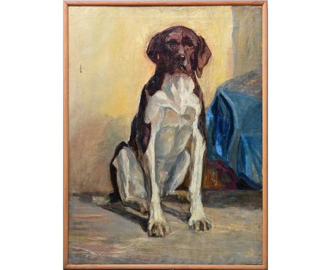 Lindner, Hans. 1883 Zschopau - 1944 NiederwarthaJagdhund, lebensgroß. Öl auf Leinwand, li. u. monogr., verso Nachlassstempel.