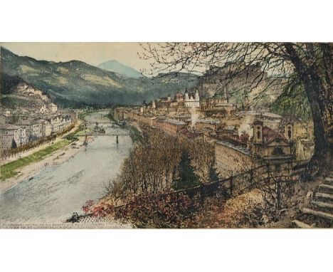 Kasimir, Luigi (1881 Pettau - 1962 Wien)Fernsicht auf Salzburg über die Salzach hinweg. Farbradierung, 20. Jh. In Blei unterh