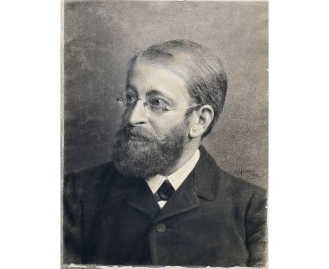 Weishahn, O. (spätes 19. Jh.)Bildnis eines Herren mit Bart und Brille. Kohlestiftzeichnung, partiell gehöht, 1895. Signiert u