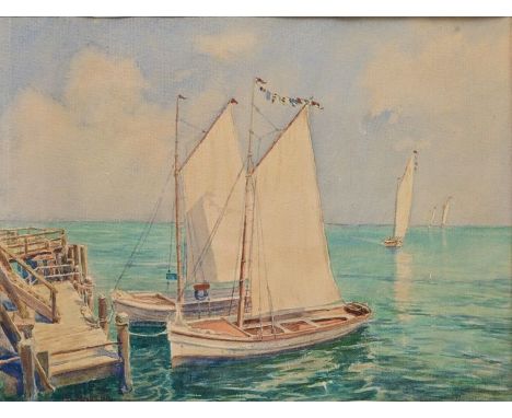 Lyongrün, Arnold (1871 Domnau - 1935 Hamburg)Segelboote am Kai. Aquarell über Blei, erste Hälfte 20. Jh. Signiert unten links