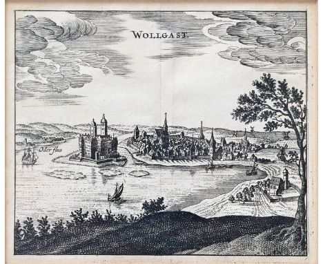 Ansicht von Wolgast ("Wollgast")Historische Ortsansicht. Kupferstich, um 1656. Von Matthäus Merian d. Ä.. 10,8 x 12,9 cm (Dar