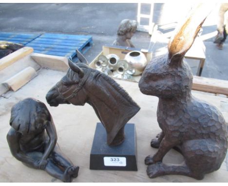 Bronzed sculpture of a racehorse head and neck, signed Doris Lindner H20cm, similar study of a rabbit and girl, reproduction 