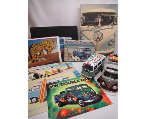 VW type II bus fiction model, VW type II camper light, three colour canvasses and other VW related items. Selection of Salvad