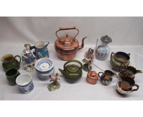 Linthorpe kettle marked 628, Crown Staffordshire bird modeled by JT Jones, jugs, candle snuffer etc 