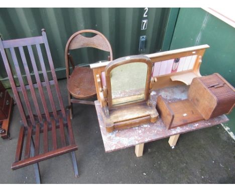 1930 smokers cabinet with open shelf with twin tambor shutter, Victorian mahogany dressing table mirror with scroll arms and 