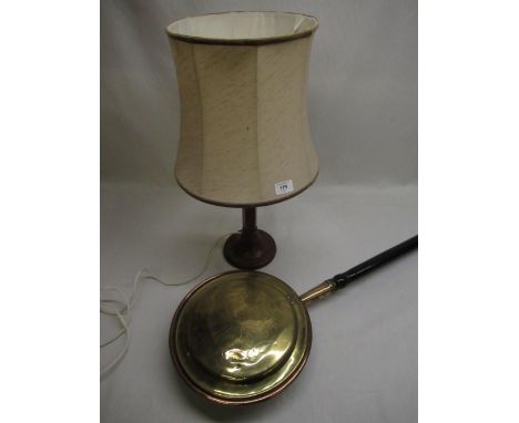 Yorkshire oak table lamp with hexagonal turned and ringed column on circular stepped base H60cm, Victorian copper and brass w