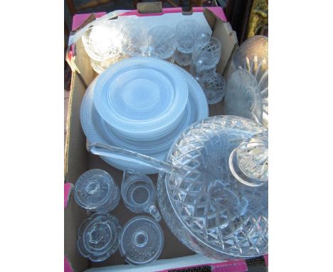 Large lead crystal diamond pattern punch bowl, cover and ladle with twelve single handled cups, three glass preserve jars and