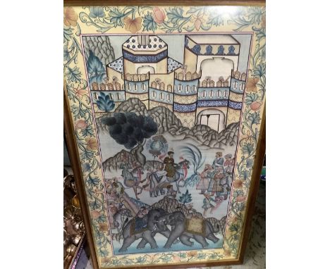 Indian school (contemporary), Royal hunting party, with figures and elephants in an extensive landscape, within floral border
