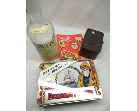 Bell's old Scotch whisky 4.5l whisky bottle, Walker's Tazo collector's album with Looney Tunes Tazos, Loft House's original "