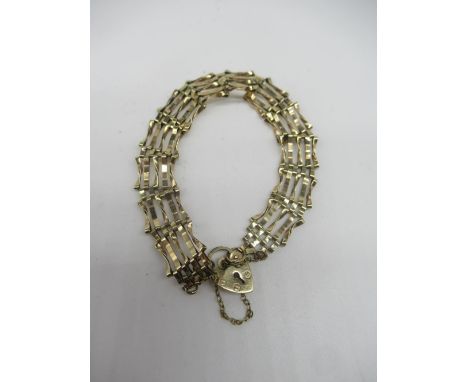 9ct gold five bar gate bracelet with heart shaped padlock stamped 375 with safety chain 4.9g 