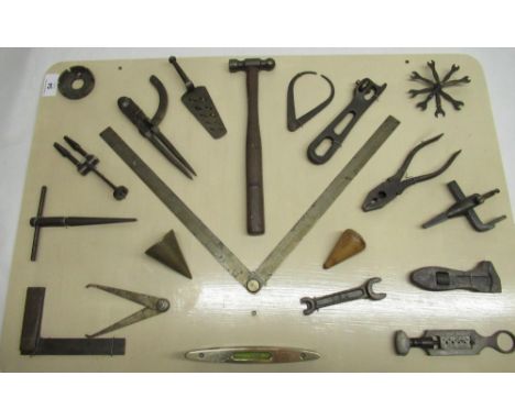 Mounted montage of vintage tools including square dividers, ball pen hammer, folding steel rule 45cm x 66cm 