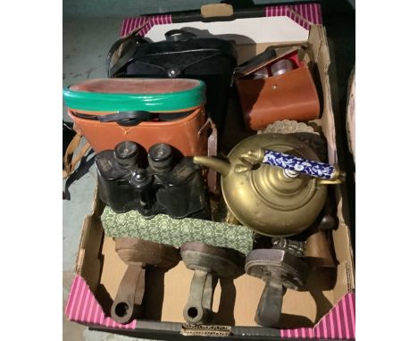 Swift Newport MkII 10x50 binoculars, three other binoculars, three Victorian flat irons, copper and brass hunting horn, other