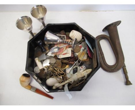 Lacquered oak box containing assorted coinage, silver plated sherry cups, pipe, medallions, small bugle etc. 