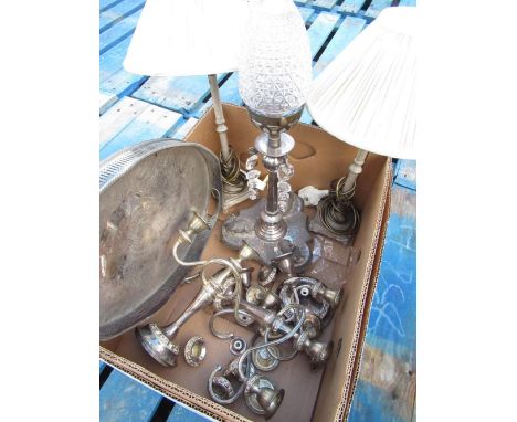 Victorian EPNS table centre, trefoil base set with cattle, later converted to electricity, three EPNS two branch candelabras,