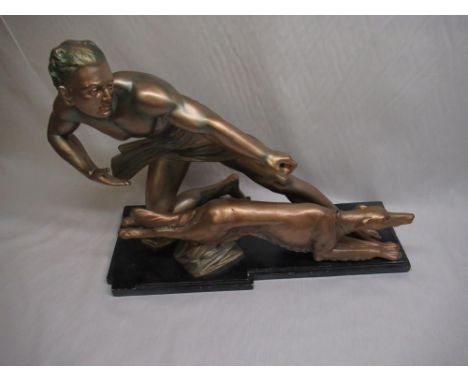 Art deco figure of a man and hunting dog 