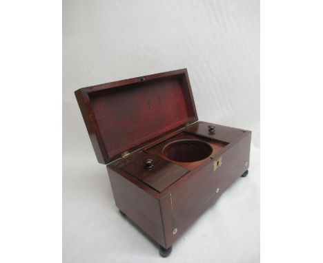 Early Victorian mahogany tea caddy with inlaid white metal stringing and mother of pearl roundels, shaped escutcheon on ball 