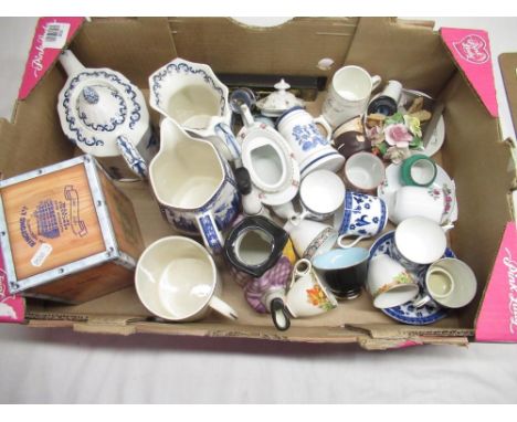 Box of ceramic and china cups, jugs in Rington Meadow etc 