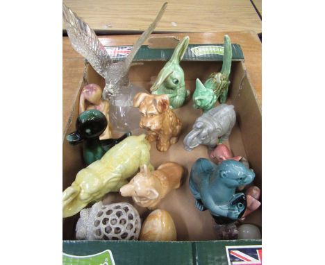 Poole Pottery seal holding a captured fish, H12cm, Silvac corgi with impressed mark to the base H10cm, other Silvac animals, 