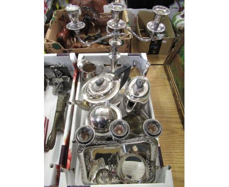 Late Victorian three piece E.P.B.M tea service, Georgian style three stem silver plated candelabra, similar smaller candelabr