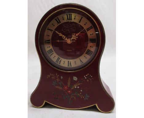 Jaeger Petite Neuchateloise musical alarm clock, burgundy coloured case with hand painted decoration, gold chapter ring set w