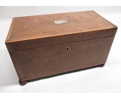 Geo. III mahogany tea caddy with boxwood inlay, white metal cartouche and inlaid ivory escutcheon on squat bun feet, hinged l