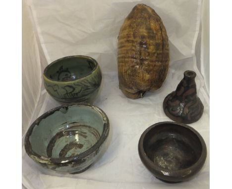 A box containing a collection of various studio pottery including Clemence Dane, a horn bowl, leather collar pouch and variou