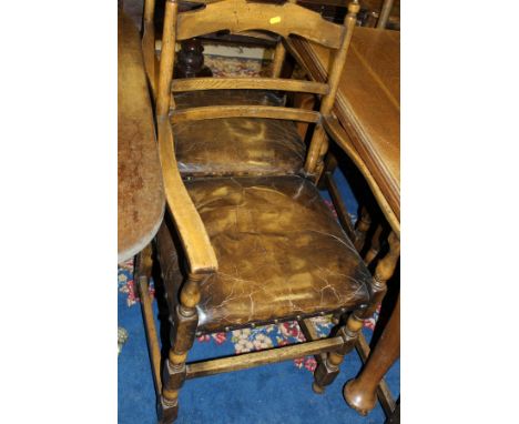 A set of eight oak ladder back dining chairs in the 17th Century style with leather seats on block and turned front legs