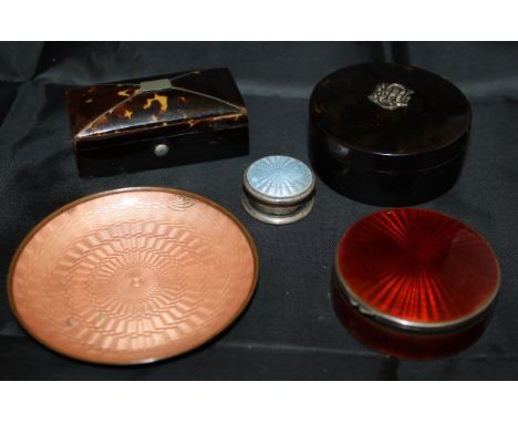 A sterling silver and red guilloche enamel pin box, a silver and guilloche patch box, a guilloche enamel on copper pin dish a
