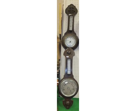 Two oak cased aneroid barometer thermometers