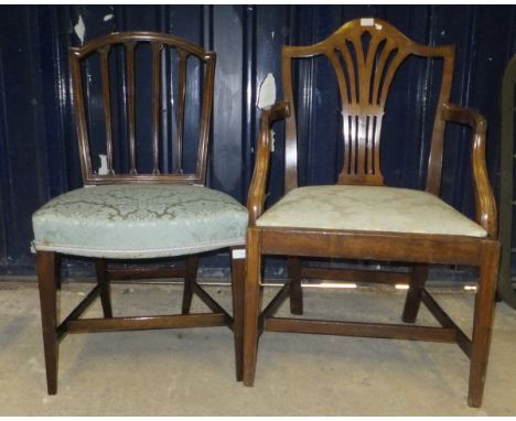 A Georgian mahogany elbow chair with pale green damask upholstered seat, together with a 19h Century mahogany stick back dini