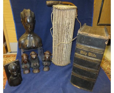 Two boxes of miscellaneous items to include an African hide drum, a large "The Family Devotional Bible", published by The Lon