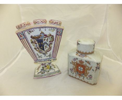 A circa 1900 French faience bough pot with armorial decoration, together with a Sampson of Paris tea caddy with armorial deco