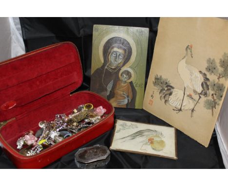 A box of costume jewellery including 19th Century white metal and paste buckles, Continental white metal snuff box decorated 