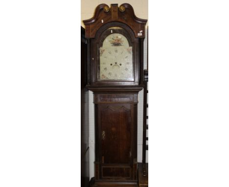 A 19th Century oak and inlaid cased long case clock, the painted arched dial with Roman and Arabic numerals inscribed "Jos We