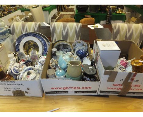 Three boxes of assorted china wares to include novelty teapot, various Royal Doulton and Coalport miniature figurines, variou