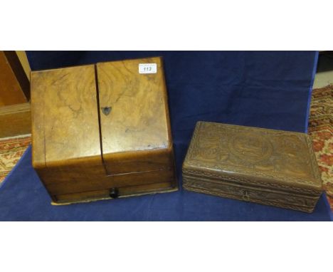 A late 19th / early 20th Century walnut desk top stationery cabinet, together with an Oriental carved wooden box depicting dr